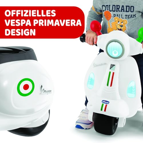 Chicco Motorrad Rutscher für Kinder Vespa Primavera, Kinderfahrzeug mit Elektronischem Bedienfeld, Lichtern und Geräuschen, Abnehmbare Stützräder, Max 25 kg, Kinderspielzeug von 1-3 Jahren