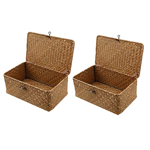 Cabilock 2 Stücke Regalkorb Seegras Wasserhyazinthe Korb mit Deckel Rattan Aufbewahrungskorb Rechteckiges Geflochtener Korb Obstkorb Weidentablett für Wohnzimmer Badezimmer Kosmetik Organizer