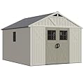 Patiowell 10x12 FT Outdoor Storage Shed with Floor and Lockable Door, All Weather Plastic Shed Garden Shed with Skylight and Multiple Windows for Backyard, Patio, Lawn, Beige