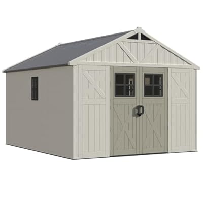 Patiowell 10x12 FT Outdoor Storage Shed with Floor and Lockable Door, All Weather Plastic Shed Garden Shed with Skylight and Multiple Windows for Backyard, Patio, Lawn, Beige