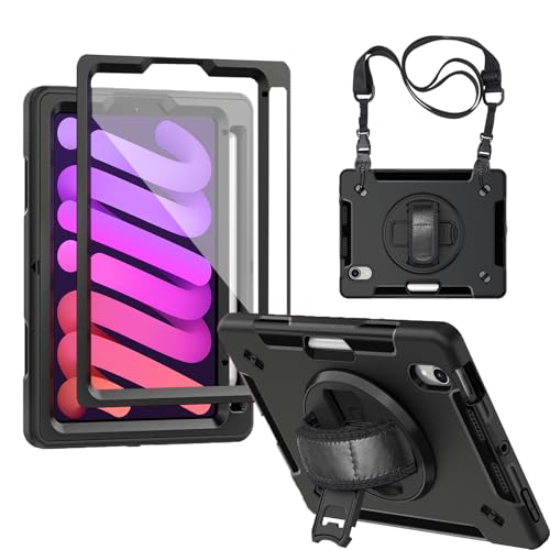 Junfire Etui dla iPad Mini 7. generacji (A17 Pro) 8,3" 2024 / iPad Mini 6 (8,3") 2021, odporne na uderzenia etui ochronne z ochroną wyświetlacza, obrotowy stojak, pasek na rękę, pasek na ramię, uchwyt