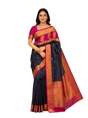 ZHANAKI VASTRA Navy Blue and Pink Checks Premium Mysore Crepe Silk Saree (Navy Blue and Pink)