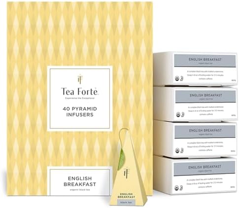 Tea Forte English Breakfast Premium Organic Caffeinated Black Tea Blend Event Box, Bulk Pack 40 Count, 10 per tray Individually Wrapped Handcrafted Pyramid Infusers