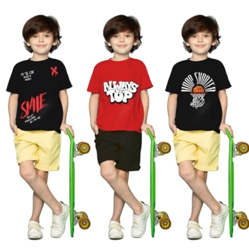 Image of Yazh Texworld Boys Round Neck Blended Cotton T-Shirts | Regular Fit | Half Sleeve | Casual Wear | Trendy | Combo Pack of 3 | Multicolor | Soft, Durable, and Stylish for Everyday use