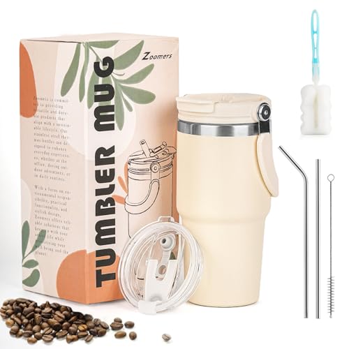 Zoomers Taza Termo Cafe para llevar con Pajitas Acero Inoxidable. Vaso Termo Cafe para llevar con Pajitas y 2 Tapas Antifugas.Vaso Termico Cafe Acero Inoxidable.Taza Termica Tumbler Mug 600 ml