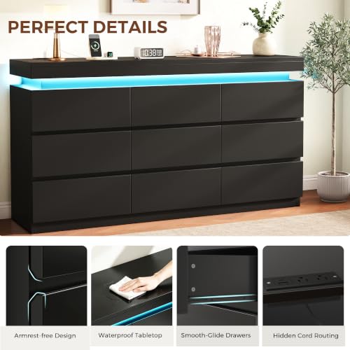 9 Drawer Dresser with LED Lights and Charging Station, Modern Black Dresser by Jocoevol - Used condition - Image 8