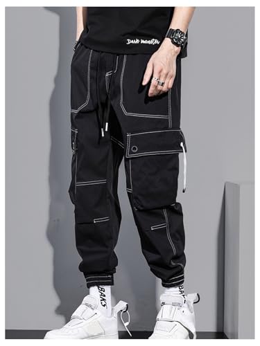 OYOANGLE Men's Drawstring Elastic Waist Jogger Cargo Pants Solid Casual Trousers with Flap Pockets3