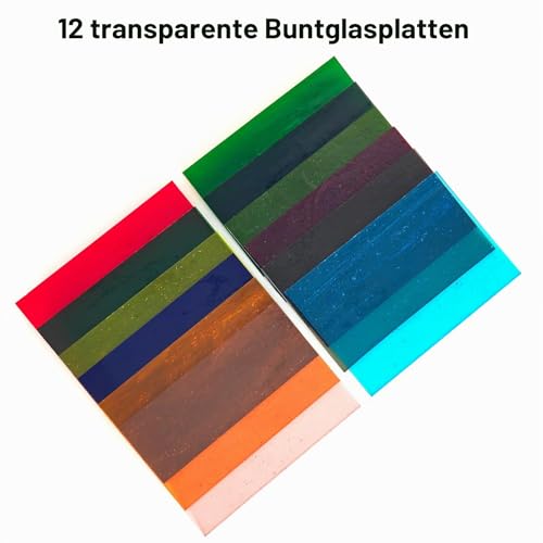 12 Stück Buntglasplatten,10,2x 15,2 cm Buntglas,Volltransparent farbiges Kathedralglas – Material für Handwerksprojekte, Vielfältige Mosaikkunst, Verschiedene Irideszente Farben, DIY Heimdekoration