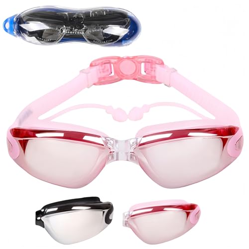 HSTWODE Occhialini da nuoto ottici con visione, monoblocco, con tappi per le orecchie, diottrie: da -1,5 a -8,0, anti-appannamento, bella scatola (rosa, placcatura -8)