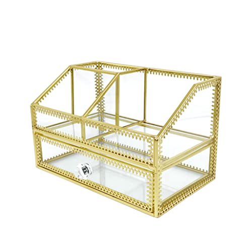 FSyueyun Makeup Organizer for Vanity, Clear Glass Drawer Organization and Storage Jewelry Display Case Gold Cosmetics Storage Lipstick Organizer Tray Perfumes for Bathroom Counter or Dresser