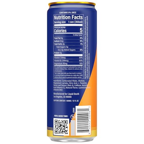 Image of Liquid Death Sparkling Energy - Orange Horror (Orange and Cream), Zero Sugar Energy Drink, Unextreme Caffeine 100mg, Essential Vitamins, 12 Fl Oz (Pack of 12)