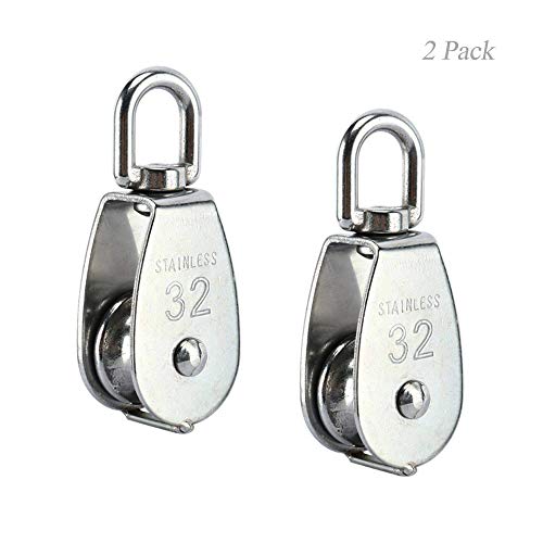 Creatiees M32 - Polea de acero inoxidable 304 resistente con gancho giratorio, rueda giratoria, polea fija para cable de carga de 250 kg, 2 unidades.