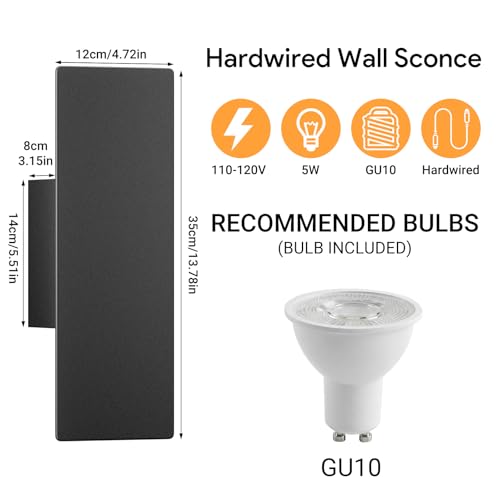 Image of Tipace Hardwired Black Wall Sconces,3000K Modern Wall Lights Led Indoor Wall Wall Mount Light for Bedroom,Living Room, Hallway,GU10 Bulbs Included,1 Pack