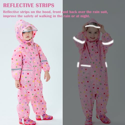Image of Fewlby Toddler Rain Suit for Boys Girls Kids Raincoats With Hood One Piece Baby Rain Jacket Waterproof Coverall 1-10 Years