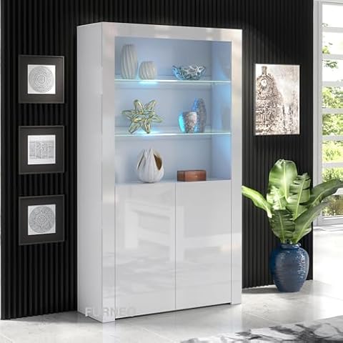 Furneo Modern White Display Cabinet with LED Lights Cover