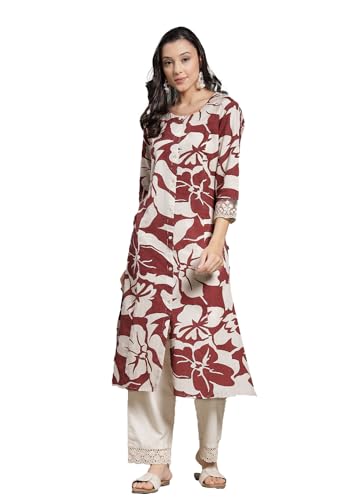 Image of Pistaa's Women's Cotton Regular Fit A Line Regular A-Line Printed Cutwork Sleeve Kurta