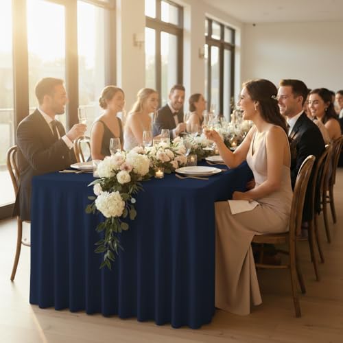 Image of HolidayIdeas 4ft Spandex Tablecloth 2 Pack Fitted Stretch Table Skirts 24x48 Inch,Navy Blue Ruffle Design Wrinkle-Free Polyester Table Cover for Vendor Booth, Parties Banquets, Events