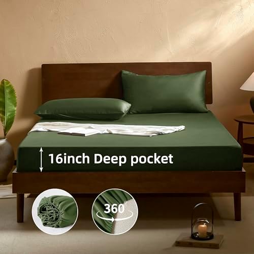 EVERLY Queen Sheets Set,Luxuriously 400 Thread Count Organic Viscose Derived from Bamboo Bed Sheet,Cooling Sheets for Queen Size 4 Piece Deep Pockets Bedding Sheets &Pillowcases-Dark Green - Thumbnail 5