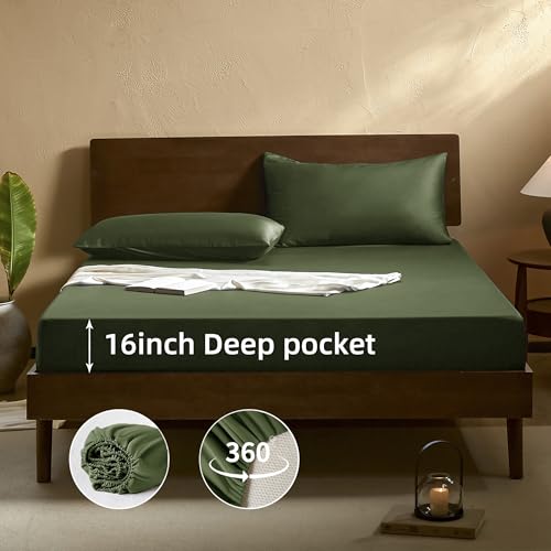 Image of EVERLY Twin Sheets Set,Luxuriously 400 Thread Count Organic Viscose Derived from Bamboo Bed Sheet,Cooling Sheets for Twin Size 3 Piece Deep Pockets Bedding Sheets &Pillowcases-Dark Green