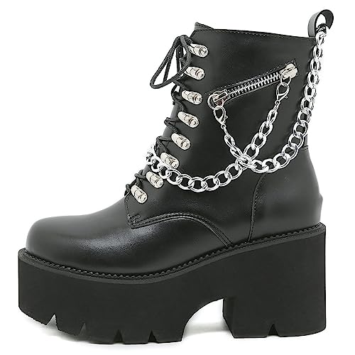 Image of Parisuit Womens Goth Patent Ankle Boots Platform Chunky Combat Boots | Lace Up, Gothic Boots, High Heel, Punk Short Booties, Buckle Boots, Chain Boots