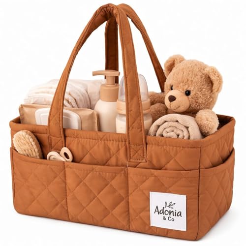 Image of Adonia & Co Diaper Caddy Organizer – Nursery Storage Basket for Newborn Essentials Must Haves & Baby Must Haves – Portable, Machine Washable Baby Diaper Bag Organizer (Brown)