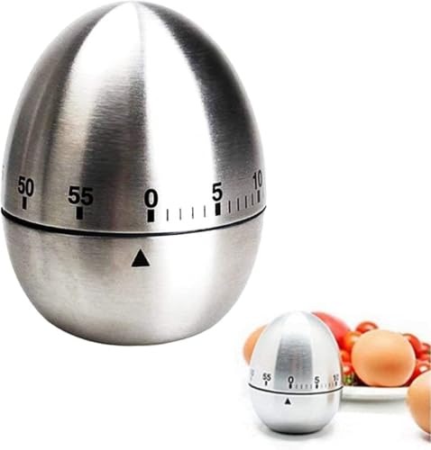Image of Stainless Steel Egg Kitchen Timer | 60-Minute Mechanical Countdown Timer with Loud Alarm | Egg-Shaped Rotating Manual Timer for Cooking, Baking, Study & Pomodoro (Brushed Silver)