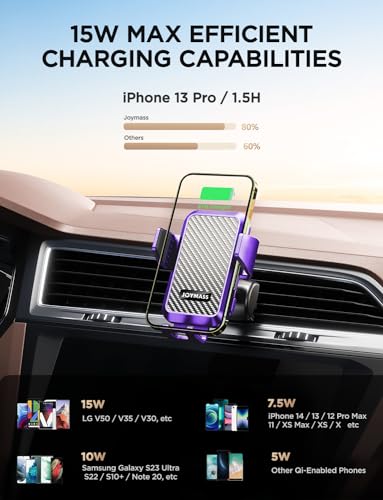 Image of Wireless Car Charger, 15W Fast Charging Auto Clamping Car Charger Cell Phone Holder Mount Vent for iPhone 15 14 13 12 Mini Pro Max, Samsung Galaxy S24 Ultra S23 S22 S21+ Note 20, etc - Purple