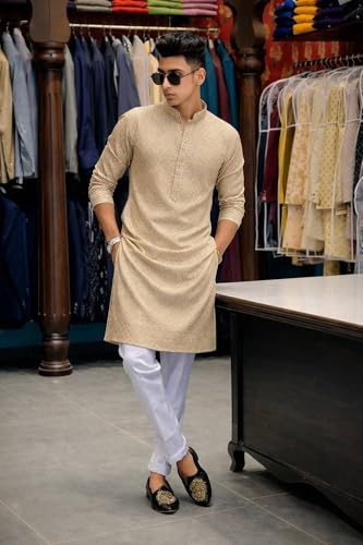 Image of Men's Lakhnawi Chikankari Kurta Set Cotton Ethnic Kurta Pajama for Men Wedding Festive Designer Indian Outfit Stylish Embroidered Kurta Set