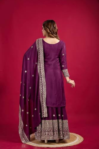 Image of Women's Embroiderd Chinnon Fabric Sharara Top and Dupatta for Women Purple wedding salwar suit readymade