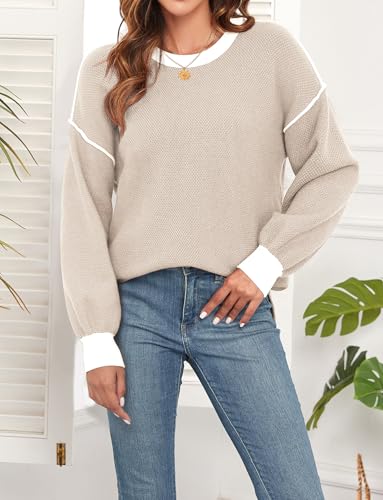 Image of WEACZZY Sweaters for Women 2025 Fall Crew Neck Long Sleeve Color Block Oversized Sweaters Ribbed Knit Side Slit Pullover Tops Apricot L