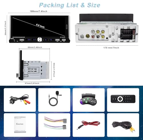 Single Din Car Radio Compatible with Wireless Apple CarPlay, Car Stereo with 6.9'' IPS Touchscreen,Bluetooth,FM AM Radio,GPS Navigation,Type-C/Dual USB 2.1A Fast Charge/Rear View Camera,MP5