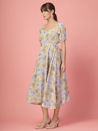 Image of OOMPH! Below Knee Shift Pink Dress in Crepe Fabric with Round Neck and Puff Sleeves - md619l