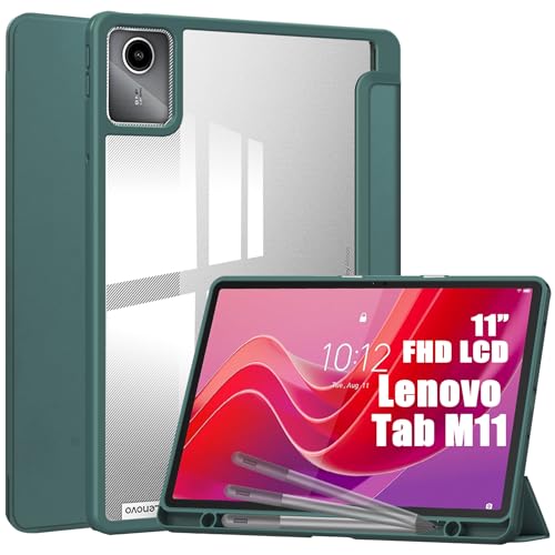 idudao Premium Hybrid Case for Lenovo Tab M11 Hard Shell Cover with Pen Holder Clear Back for 11 inch 2024 TB330FU Tablet PC Dark Green