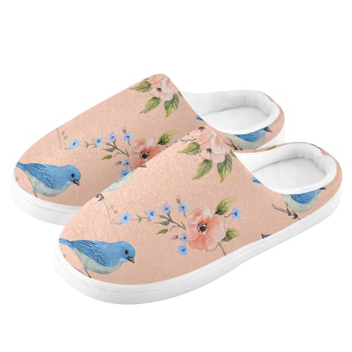 Sweet Indigo Bunting Birds Peach Womens House Cotton Slippers Comfort Memory Foam Home Slippers for Outdoor Christmas Presents 6-74