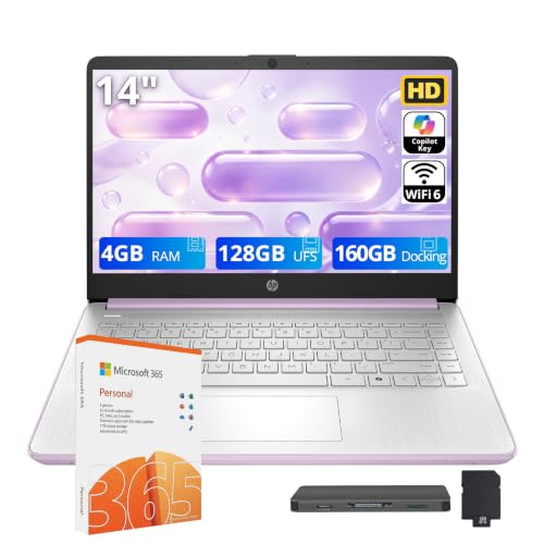 Image of HP Flagship 14 inch HD Student&Business Laptop, 13th Gen Intel 4-Core, 4GB RAM, 288GB Storage (128GB UFS + 160GB Docking Station), 1 Year Office 365, AI Copilot, Wi-Fi 6, Win 11 S, Lavender Purple