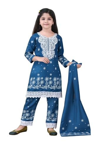 Image of Girls Traditional Rayon Salwar Suit Set with White Embroidery, 3-Piece Ethnic Wear with Lace Detail and Floral Pattern