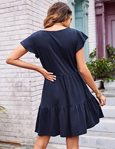 HOTOUCH Womens Summer Dress Ladies Casual Dresses with Pockets Short Sleeve V-Neck Sundress Ruffle Beachdress Dark Blue L - Image 3