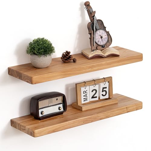 Image of Floating Shelves for Wall, 24 inchWx8 inchD Rustic Solid Elm Wood Floating Shelves Wall Mounted, Round Edge Wall Shelves with Invisible Bracket for Living Room Bathroom Bedroom Kitchen, Set of 2, Natural