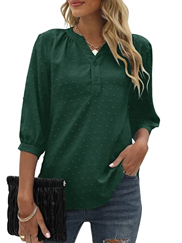 Bequemer Laden Damen V-Ausschnitt 3/4 Ärmel Bluse Knopfleiste Chiffon...