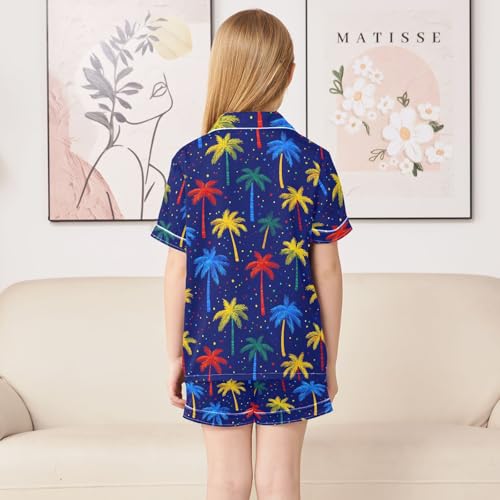 ALAZA Color Palm Tree Blue Satin Pajamas Set Short Sleeve Button Down Sleepwear Summer Pjs 2 Piece4