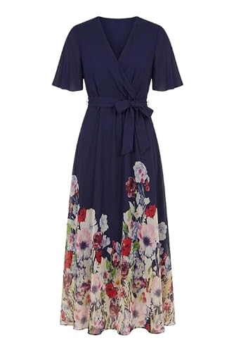 Image of Yumi Navy Mesh Wrap Midi Dress with Floral Hem Border (UK, Numeric, 14, Regular, Regular, Navy)