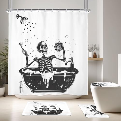 Image of 4PCS Funny Skull Skeleton Halloween 71Wx71H Inches Gothic Black White Shower Curtain Sets with Rugs, Toilet Lid Cover and Bath Mat, Spooky Bath Accessories Art Home Decor Fabric 12 Pack Hooks