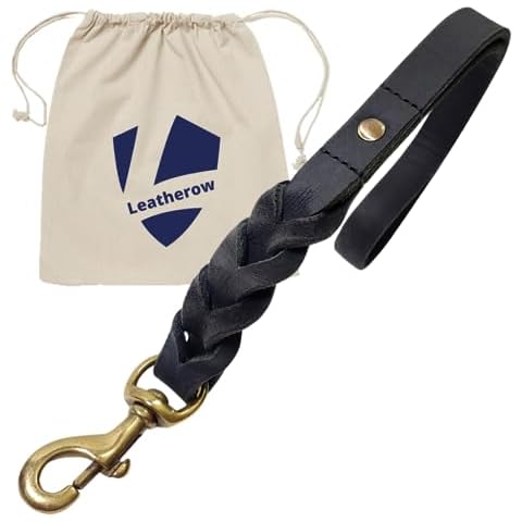 Leather Short Dog Leash 15 Inch - Short Dog Traffic Lead for Large Dogs Training and Walking - Braided Leather Dog Tab for Large Dogs - Full Grain Heavy Duty Leather (Black) Cover