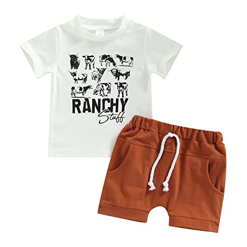 Image of Karuedoo Toddler Baby Boy Western Outfit Cow Print Short Sleeve T Shirt Top Solid Shorts Set Cowboy Outfit 2Pcs Summer Clothes (A-White, 12-18 Months)