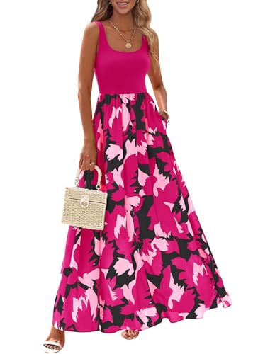 KIRUNDO Women Summer Sleeveless Boho Floral Maxi Dress 2026 Scoop Neck Tank A Line Flowy Beach Vacation Resort Wear Sundress(Rose Red, Small)