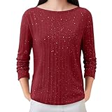 Uwdiohq Blusenshirt Damen 3/4 Arm Glitzer Pailletten EIN-Schulter-Streifen Warmer Pullover (Brick Red, XL) Leinen Shirt T Sommer Outfit Blusenhemd Wanderbluse Langarm Hippie Tshirt Weisse Blusen
