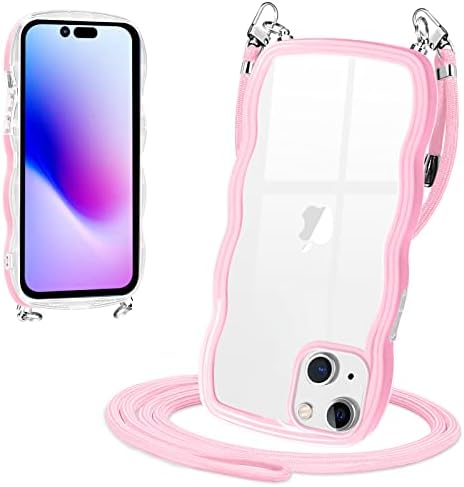 capinnidu Crystal Clear iPhone 14 Plus Case with Crossbody Strap Adjustable Lanyard Detachable Transparent Shockproof Protective Bumpers Anti-Scratch 6.7 inch Pink