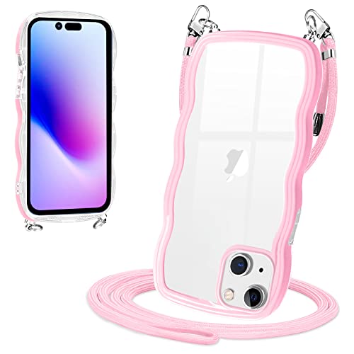 Capinnidu Crystal Clear Iphone 14 Plus Case With Crossbody Strap Adjustable Lanyard Detachable Transparent Shockproof Protective Bumpers Anti-Scratch 6.7 Inch Pink #TOP24