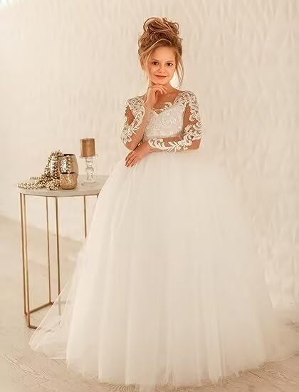 Flower Girl Dress Long Sleeves Tulle First Communion Pageant Dresses for Girls Lace Applique Birthday Party Prom Ball Gowns2