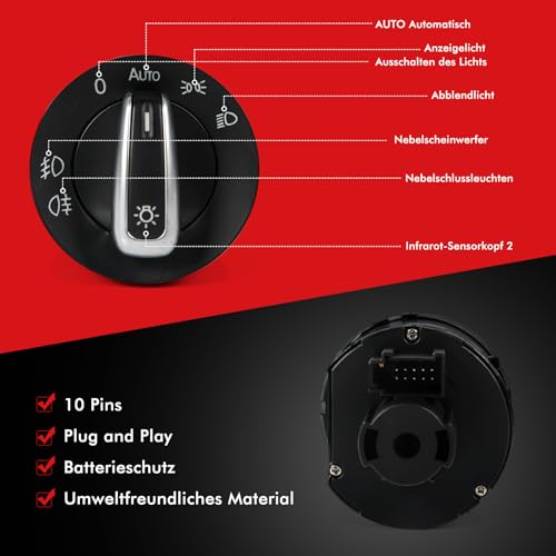 OTUAYAUTO Lichtschalter Kompatibel mit Golf Plus 05-13, Golf V 03-08, Passat B6 05-09, Jetta III 05-10, Auto Scheinwerferschalter Hauptlichtschalter 5ND941431B, 3C8941431A